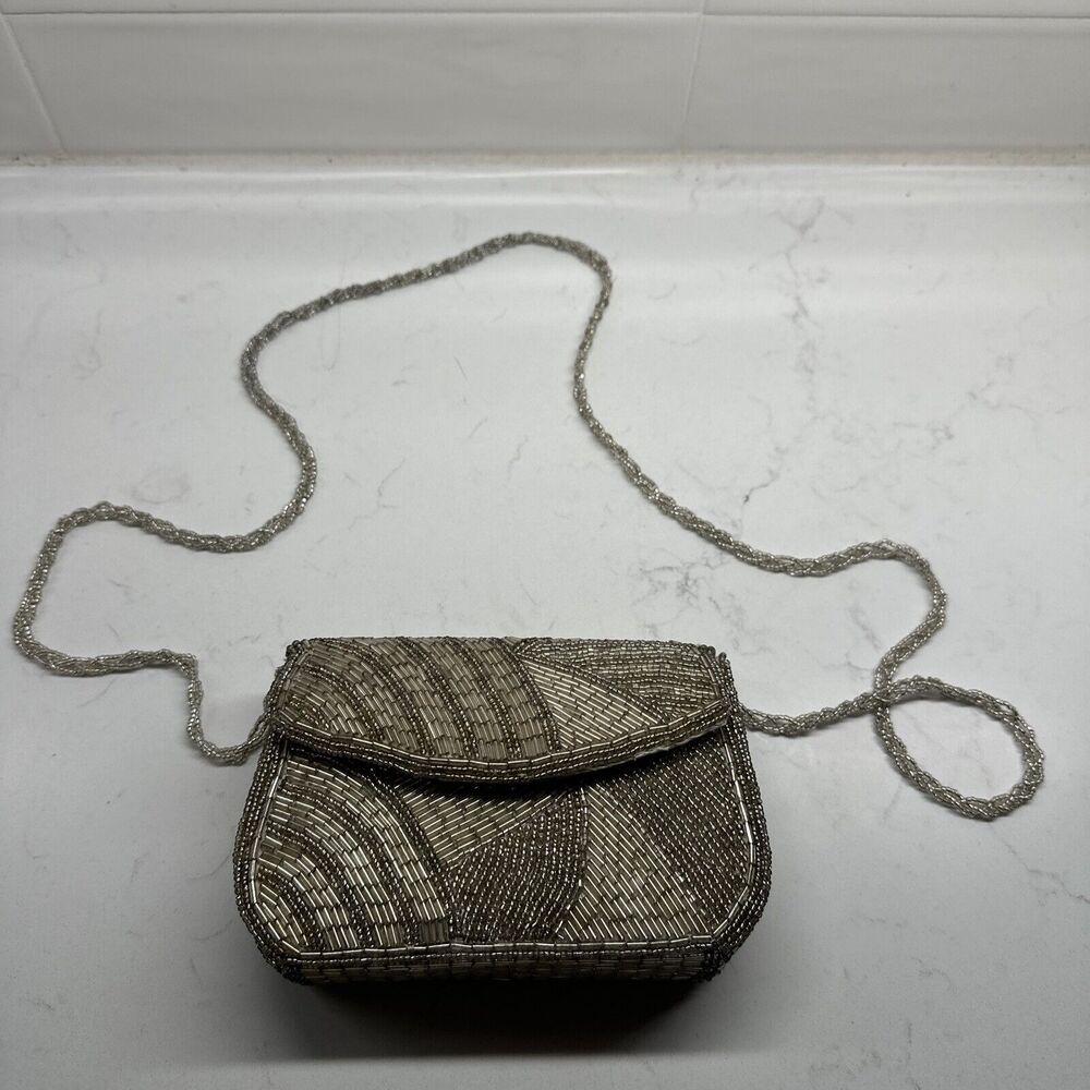 Champagne Beaded Evening Handbag Purse Small W/ Shoulder Strap Clutch Dressy